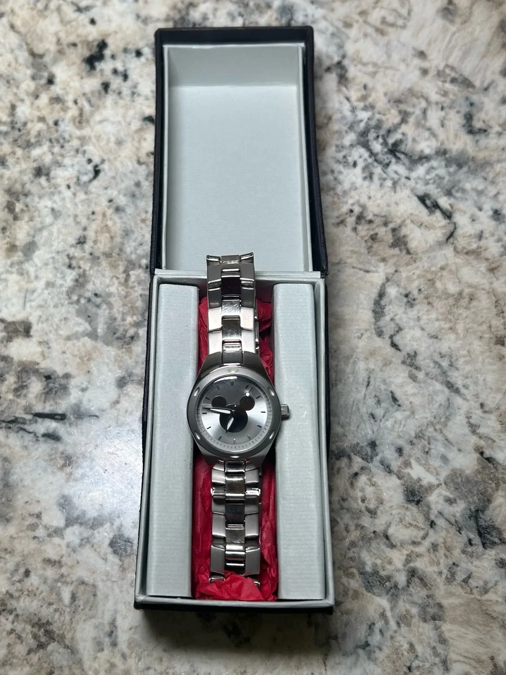 Disney Mickey Mouse Silver Tone Watch 27mm New Old Stock w/ Box Needs Battery